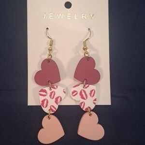 New Triple Heart Shaped With Lips Earrings 2.5 Inch Long Dangle